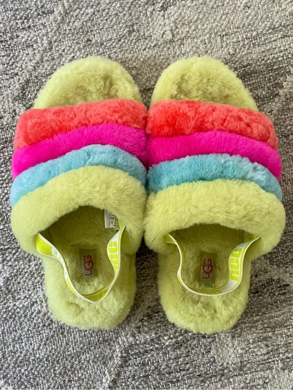 UGG Kids Multicolor Plush Slide Slippers - Lime, Blue, Pink, Coral